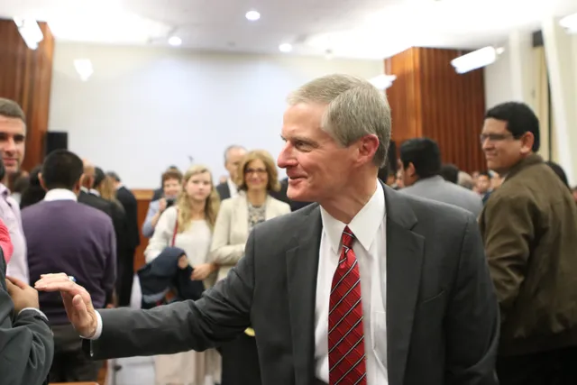 David A. Bednar attends a devotional for married couples in Lima, Peru in May 2019.
