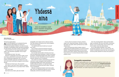 PDF-sivu, jossa perhe matkatavaroineen ja sisarlähetyssaarnaaja temppelin luona