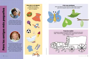 Página PDF con una actividad para colorear de un carromato cubierto, una actividad de mariposas para poner en orden y una actividad de elecciones para el día de reposo