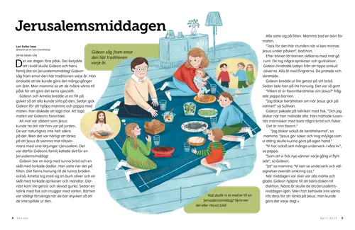 Pdf med en illustration av en familj som sitter på en filt på golvet med olika slags mat.