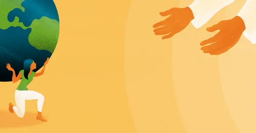 woman holding world on her shoulders, with the Lord’s arms reaching out to her