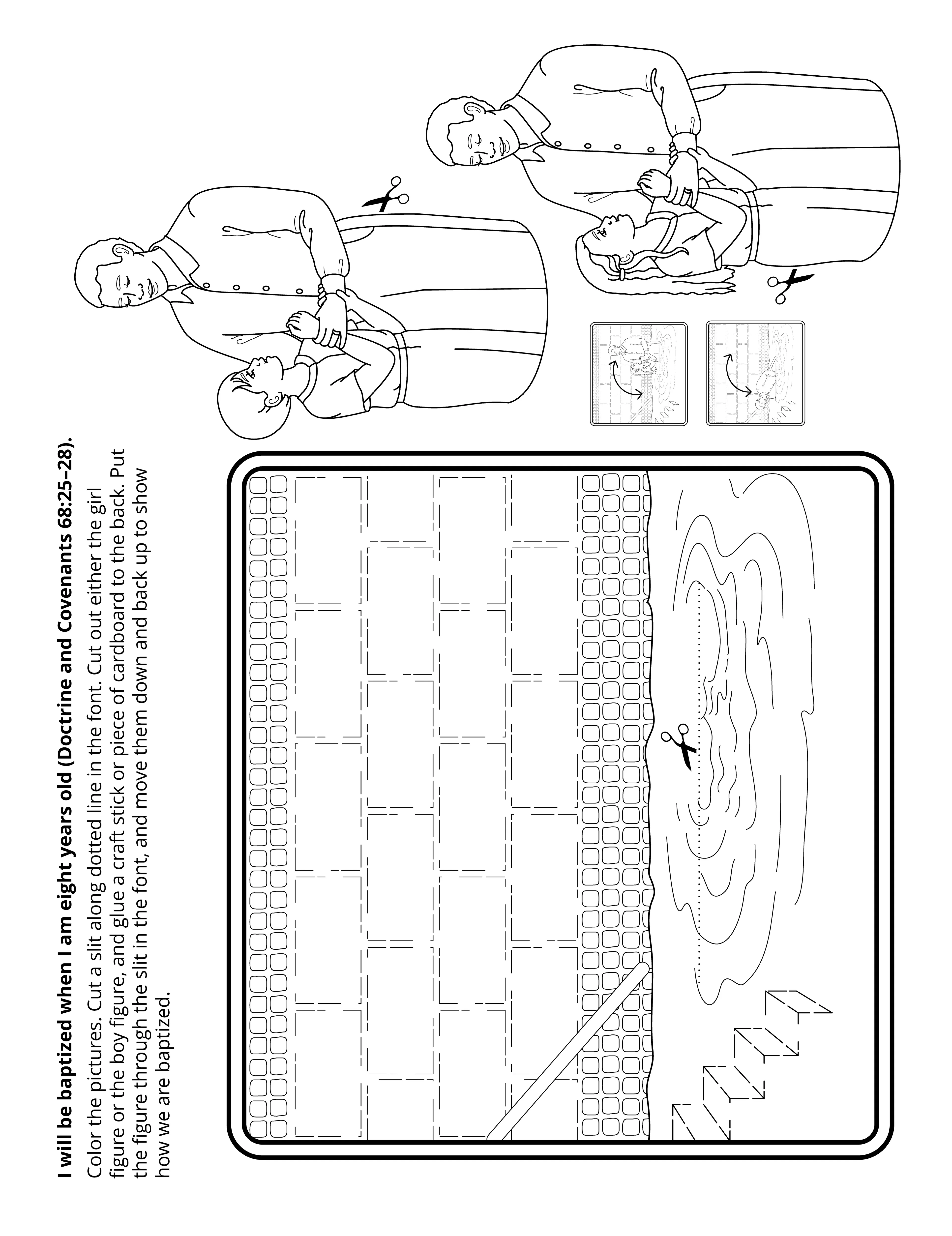 Line art illustrations of a baptismal font with a girl and a boy.