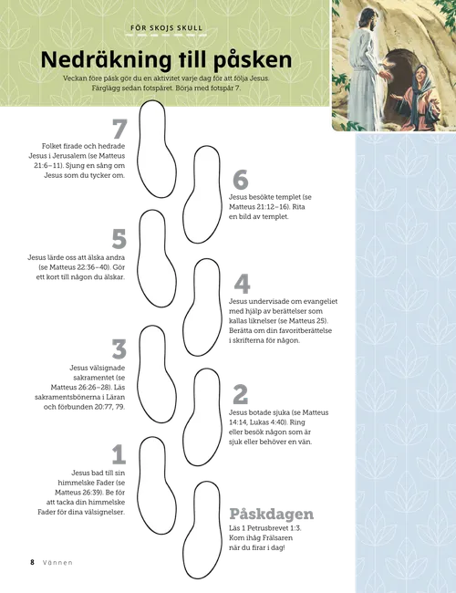Pdf med en illustration av Jesus Kristus som visar sig för Maria utanför den tomma graven; plus en fotstegsaktivitet.