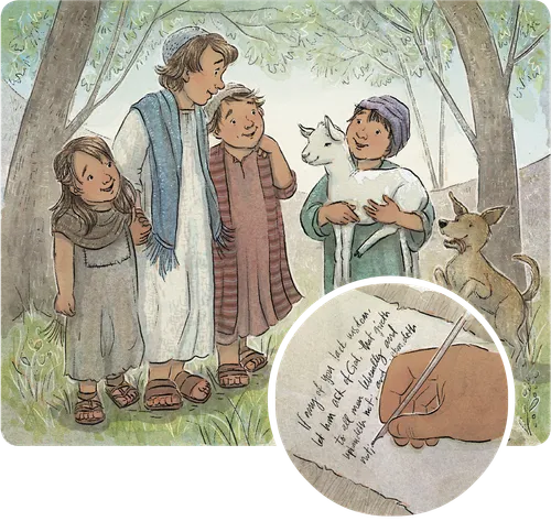 An illustration of a family all together smiling with a sheep.