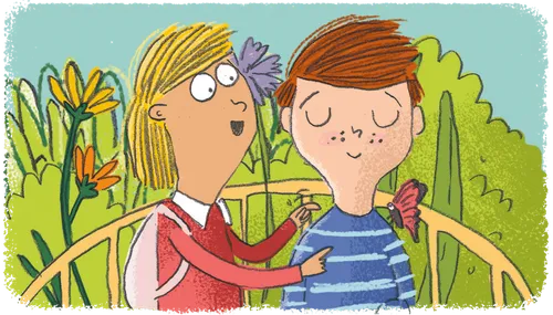 girl and boy looking at butterfly