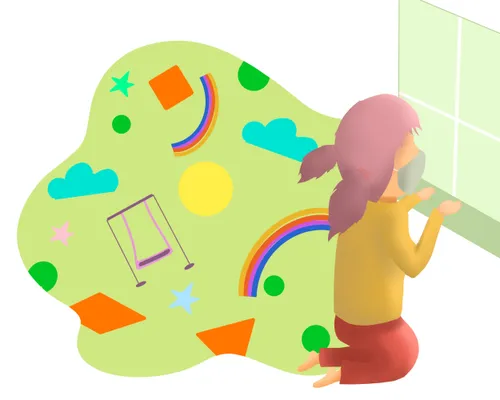 A young girl is kneeling by a window and is looking outside. A thought bubble is beside her showing what she would love to be doing while playing outside. She is wearing a face mask.