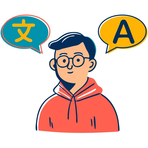 an illustration of a young man with thought bubbles in different languages