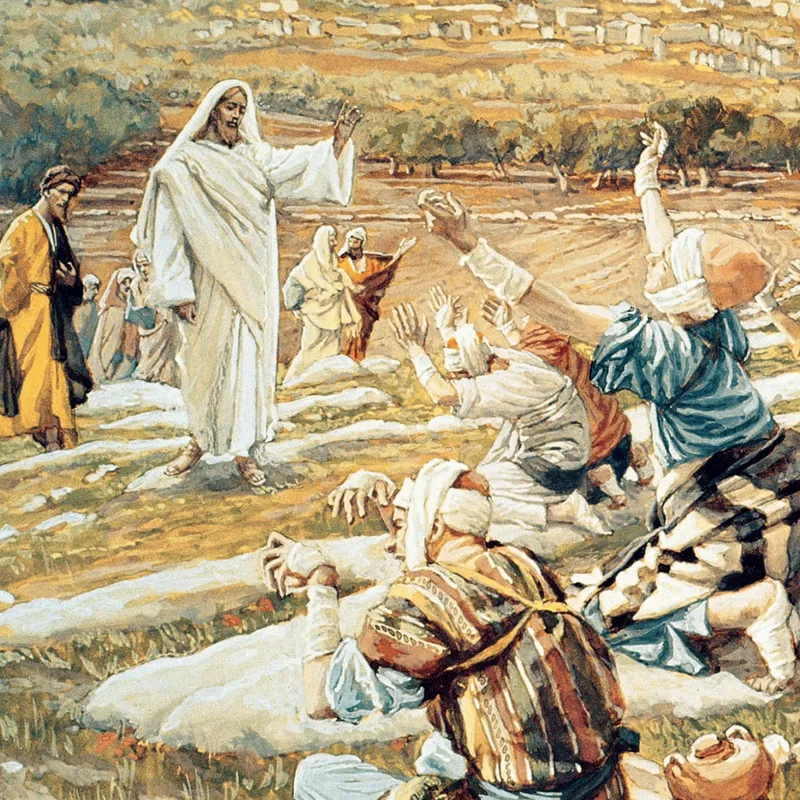 Jesus Christ heals lepers outside a city