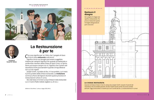 PDF della pagina con l’illustrazione di una famiglia che va al tempio; più un’attività di disegno per completare l’immagine di un tempio