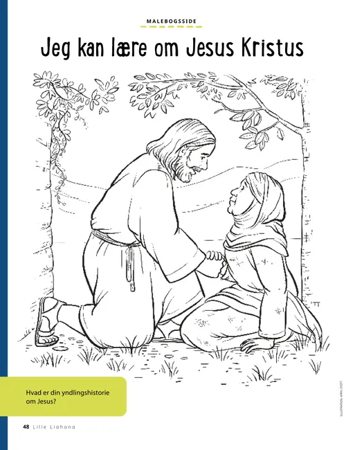 PDF-malebogsside af Jesus Kristus, der knæler ved siden af en kvinde under et træ