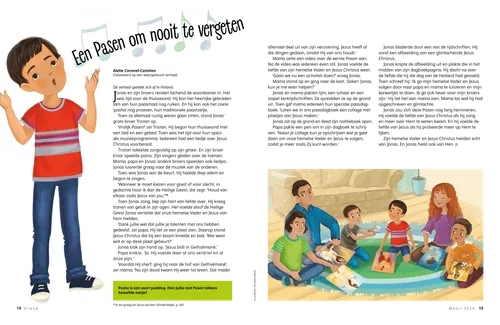 Pdf met illustraties van een zingende jongen, en een gezin dat op de grond zit met afbeeldingen van Jezus Christus