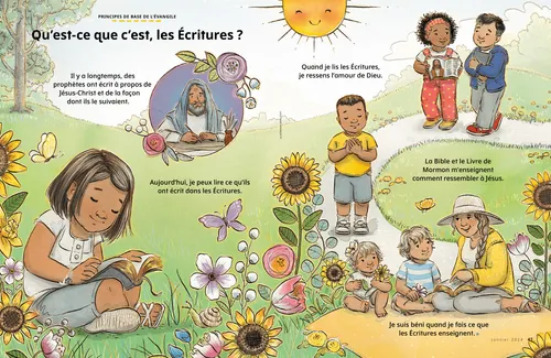 Pages au format PDF avec des illustrations représentant des enfants lisant et étudiant les Écritures