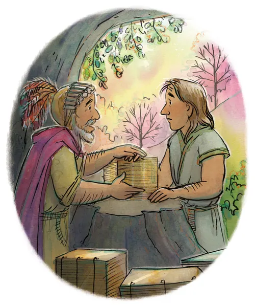 Mormon giving golden plates to Moroni