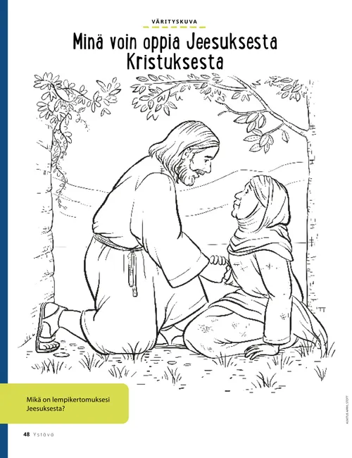 PDF-värityskuva, jossa Jeesus Kristus polvistuneena naisen vierelle puun alla