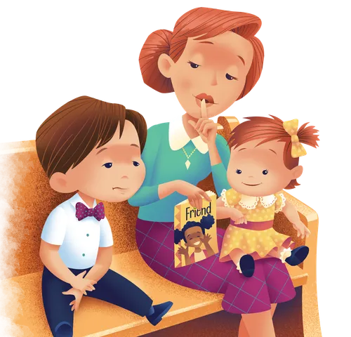 mom and children at church together