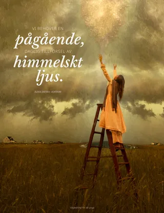 flicka på en stege på ett fält, sträcker sig mot ljuset ovanför