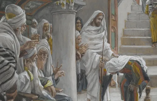 Jesus ministering to woman unable to stand straight up