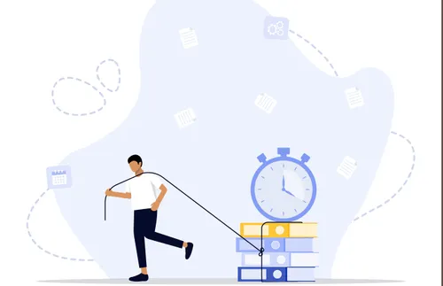 an illustration of a figure pulling a rope attached to a stack of books and a clock