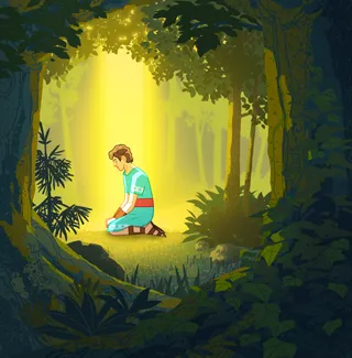 teenage Mormon prays in a grove of trees, and light is all around him