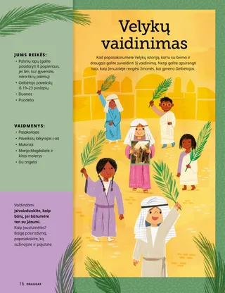 PDF puslapis su vaikų, apsirengusių bibliniais drabužiais ir laikančių palmių lapus, iliustracija