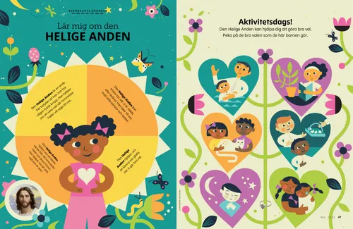 Jesus Kristus och en illustration av en flicka med ett hjärta på tröjan, plus en aktivitet om goda val.