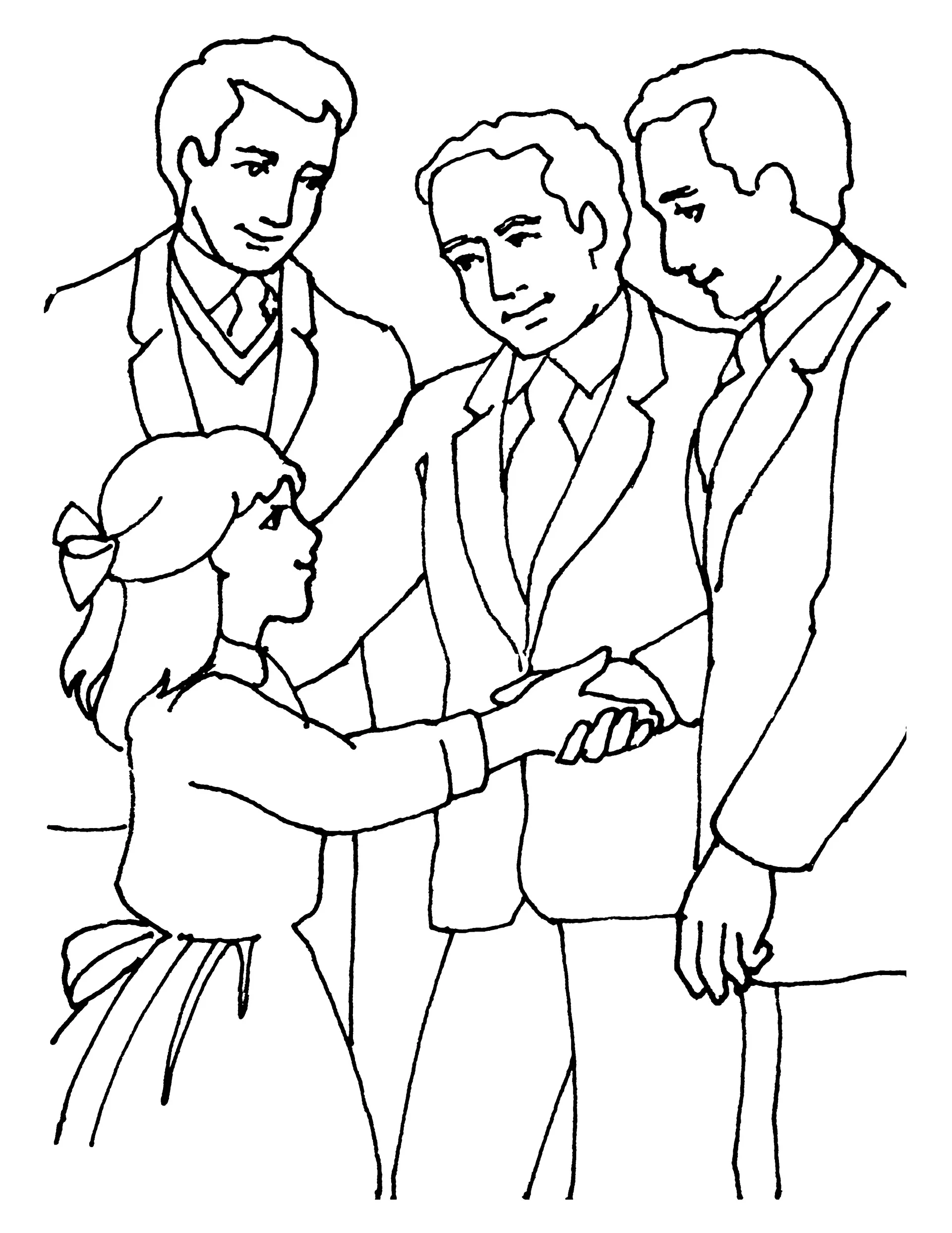 A young girl shakes hands with priesthood leaders.