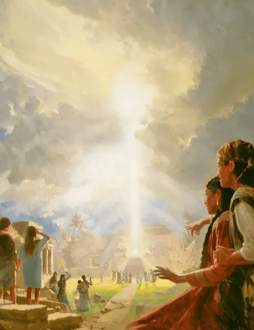 A fine-art painting of Jesus Christ visiting the Nephites