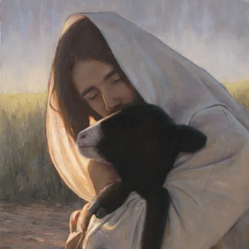 Jesus holding a black sheep