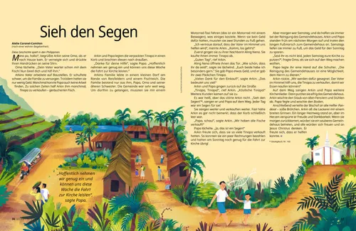 PDF: Ein Mann und ein Junge gehen in einem Dorf in tropischer Umgebung einen Weg entlang