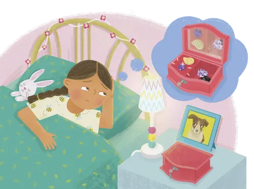 Girl in bed with a thought bubble showing a purple rock in a jewelry box