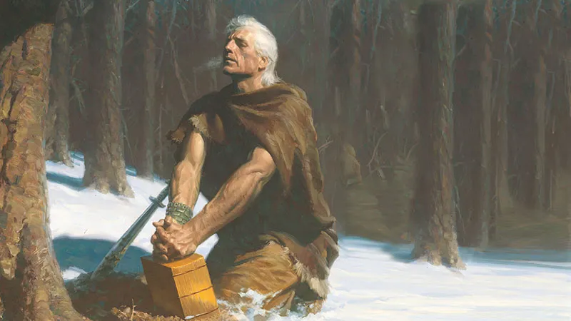Moroni buries the Book of Mormon in the hill Cumorah