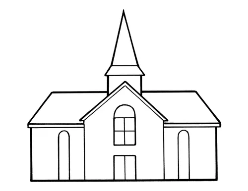A black-and-white illustration of a Church meetinghouse with a single steeple and several windows on the front.