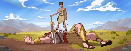 Illustration of young David standing over Goliath’s body