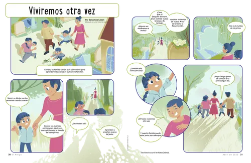 Página PDF de la historia, estilo cómic, de una familia que visita un cementerio