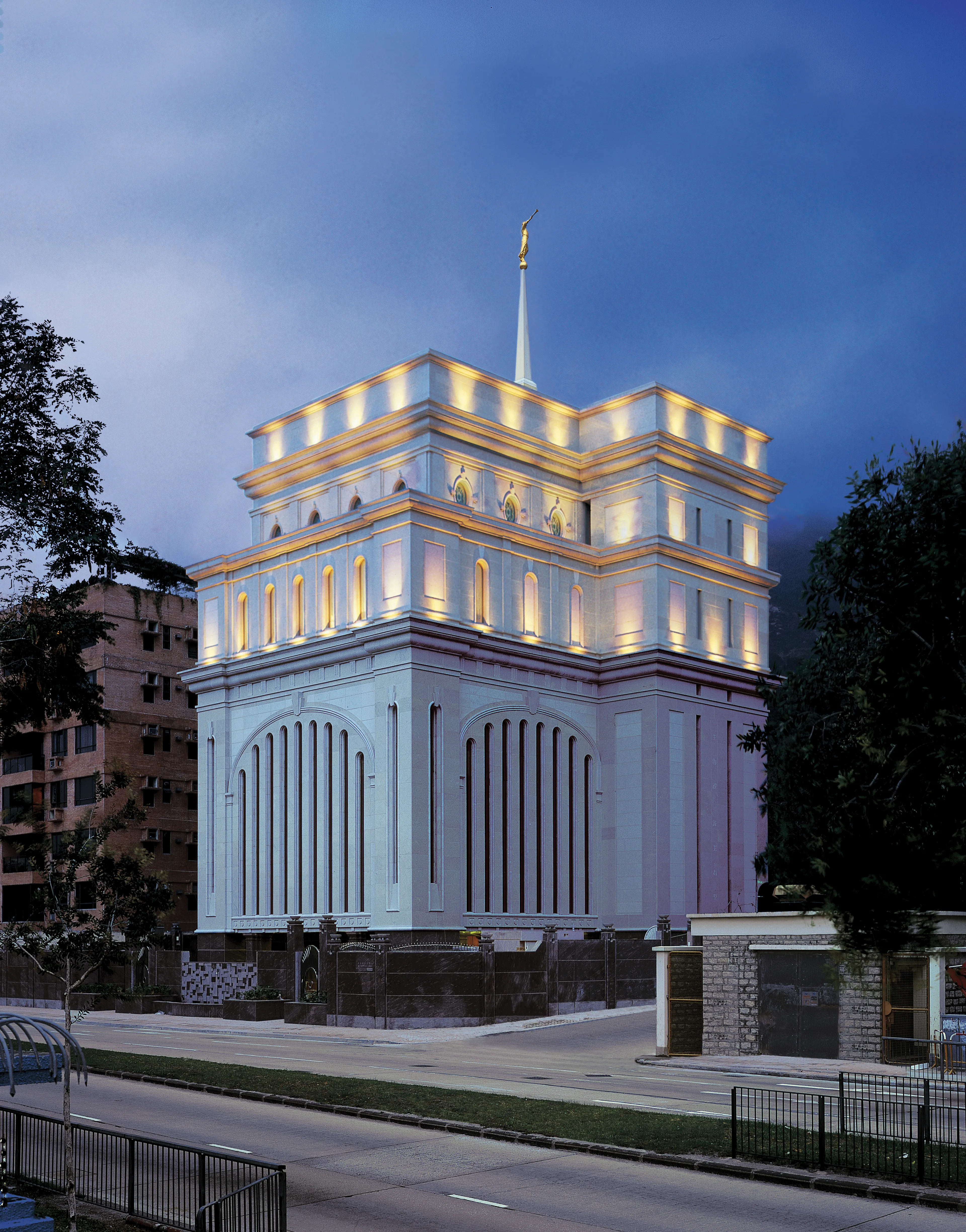 An exterior view of the Hong Kong China Temple at night.