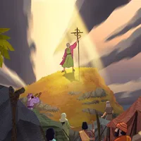 "Illustration of Moses holding a brass serpent.      Numbers 21:8-9; 1 Nephi 17:41; Helaman 8:14-15"