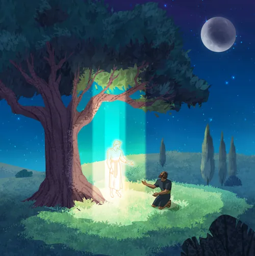 illustration of an angel talking to Gideon