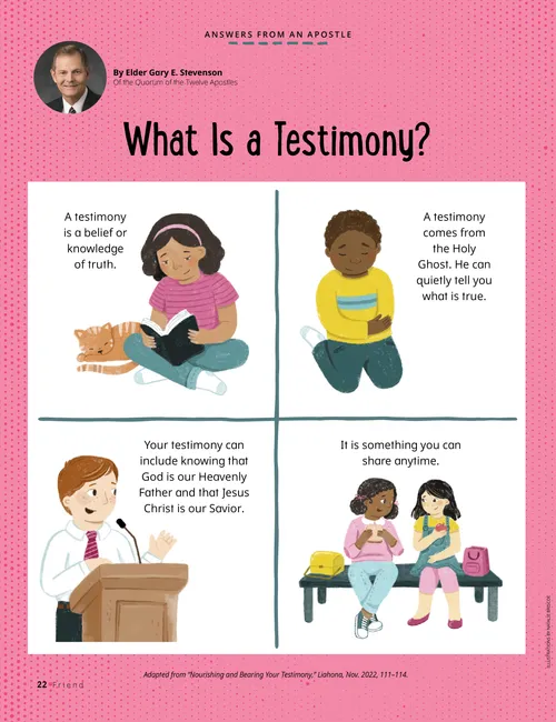 Illustrations of children reading the scriptures, praying, speaking at church, and talking to a friend