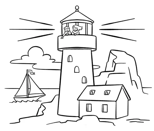 Coloring page activity with a lighthouse, rocky shore, and a sailboat in the ocean
