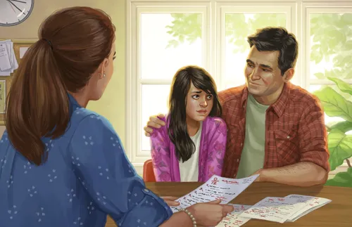 father and daughter at a parent teacher conference