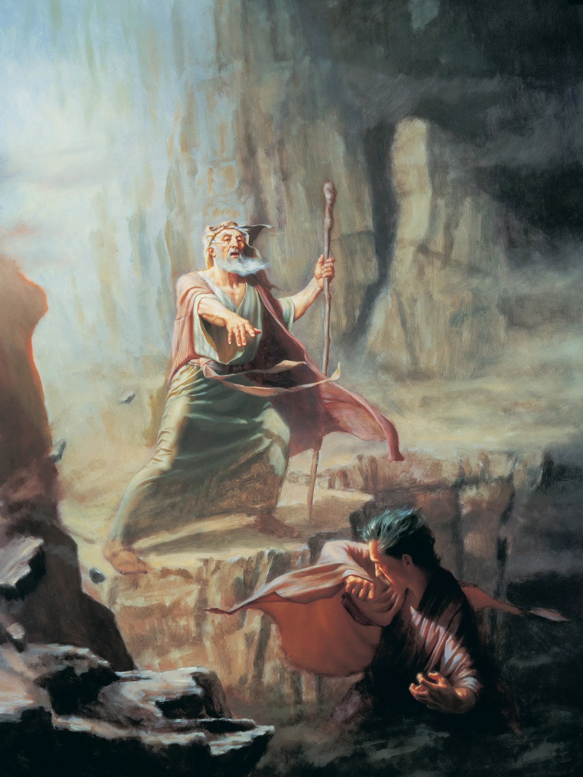 The Old Testament prophet Moses pointing at Satan and casting Satan away after Satan's unsuccessful attempt to lure Moses into temptation.