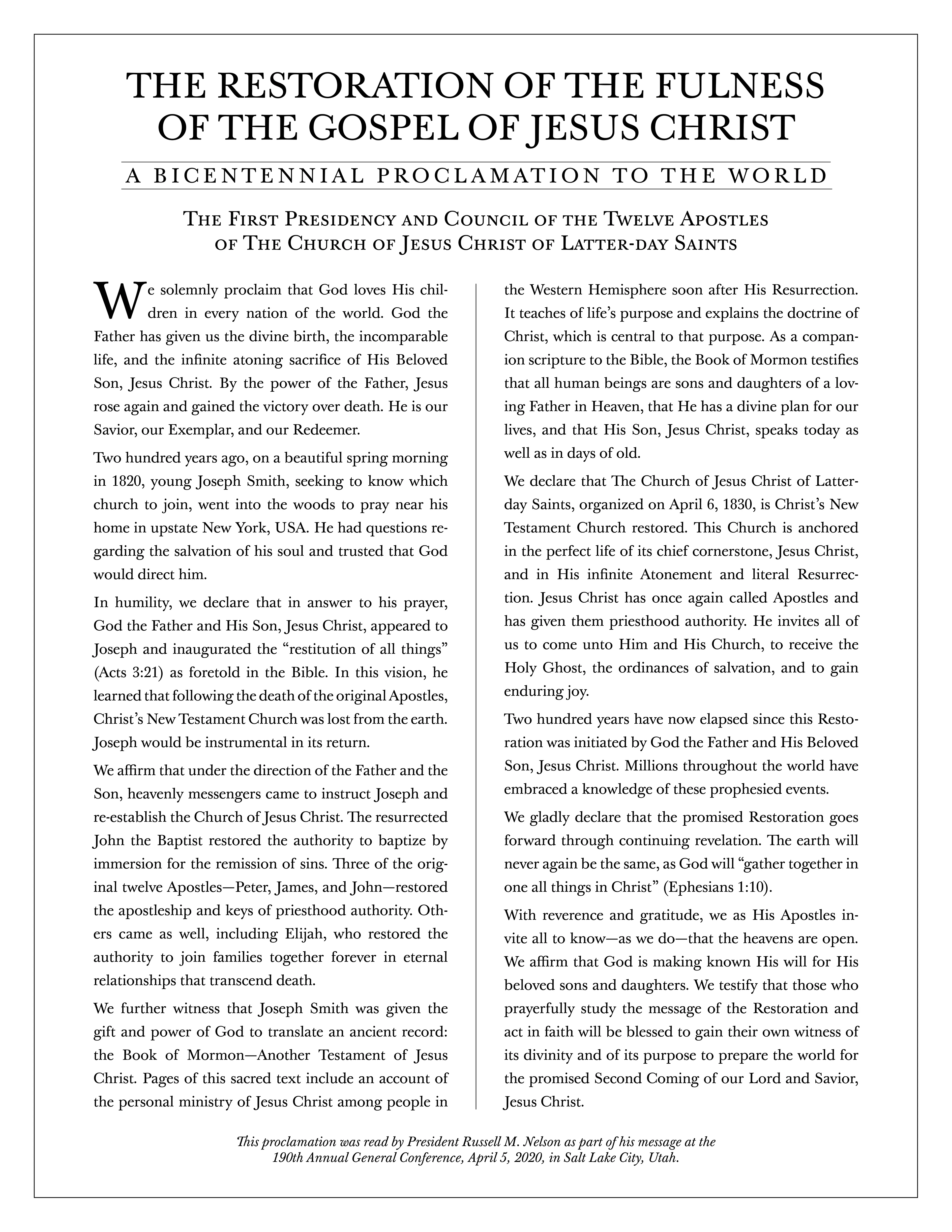 The official poster of “The Restoration of the Fulness of the Gospel of Jesus Christ: A Bicentennial Proclamation to the World.”