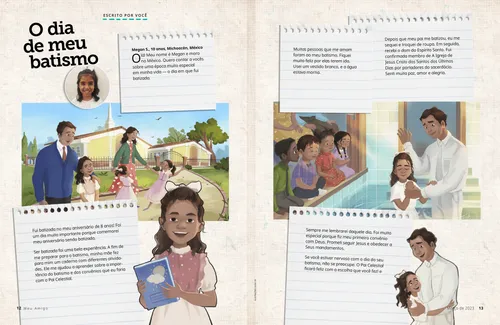 Página em PDF de uma menina indo a uma capela com sua família, segurando um caderno, sendo batizada e abraçando seu pai