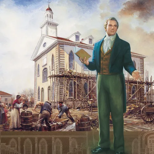 Joseph Smith, with Kirtland Temple in background