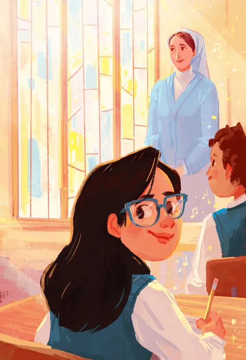 Girl sitting at a desk in a classroom with a Catholic nun standing at the front of the room