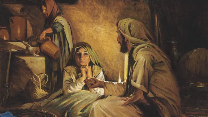 Portrays Jesus in the Kitchen of Mary and Martha. Mary is sitting, listening to the Savior, who is seen in profile. Martha is to the left rear, working at a table, pouring water. The scene is lit by the flame of a single lamp. The painting is signed "Walter Rane" on the lower right.