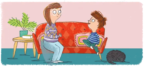 boy talking to mom on couch