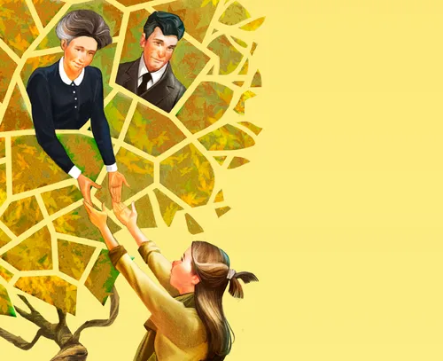 artwork of young woman reaching up into a tree to grasp the hands of her ancestors