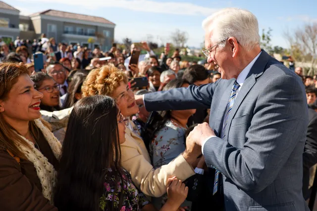 Elder D. Todd Christofferson of the Quorum of the Twelve Apostles greets the crowd after dedicating the Salta Argentina Temple in Salta, Argentina, on Sunday, June 16, 2024.