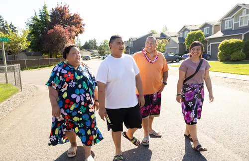 family walking on a street